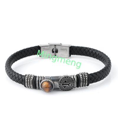 Braccialetto a fibbia magnetica da uomo in pelle a maglia, design di ancora da barca alla moda, braccialetto da uomo versatile